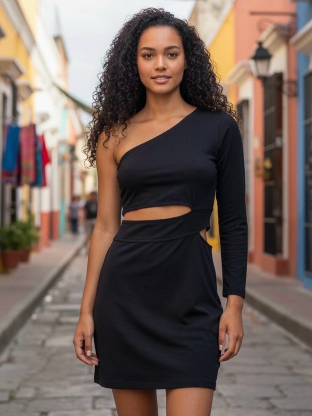 Supre Black One Shoulder Cutout Bodycon Mini Dress Long Sleeve Medium